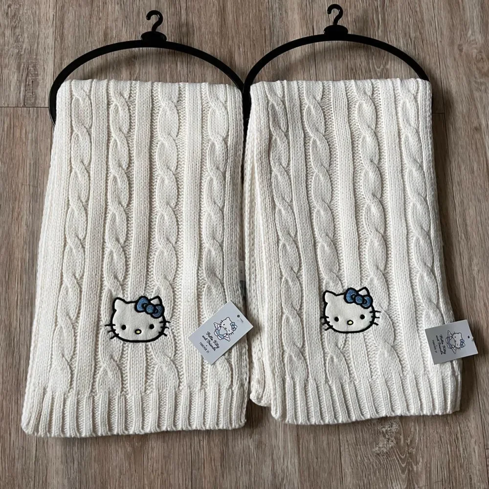 Sanrio Women's Hello Kitty Scarf Winter Cable Knit Embroidered Graphic Off White